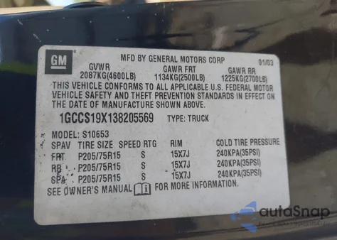 2003 Chevrolet S-10 from USA, damaged, VIN 1GCCS19X138205569